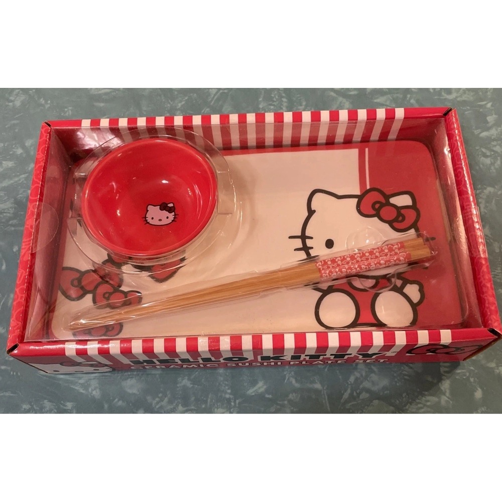 Hello Kitty 3 Piece Sushi Set Plate Bowl Chopsticks Red Bow Kitchen Gift New.